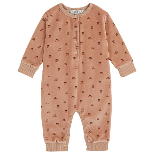 EMILE ET IDA Cherries Velvet Baby Jumpsuit