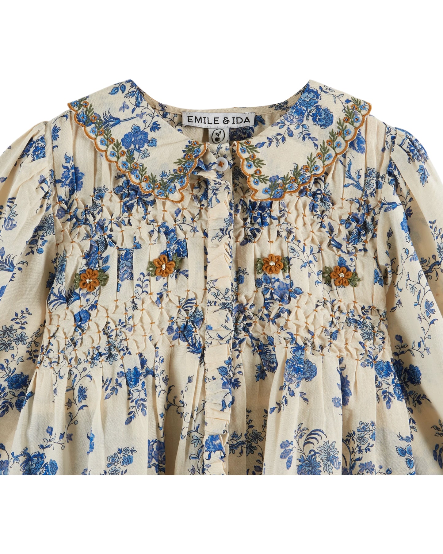 EMILE ET IDA Embroidered Collar Smocked Blouse - Orchid Bleu