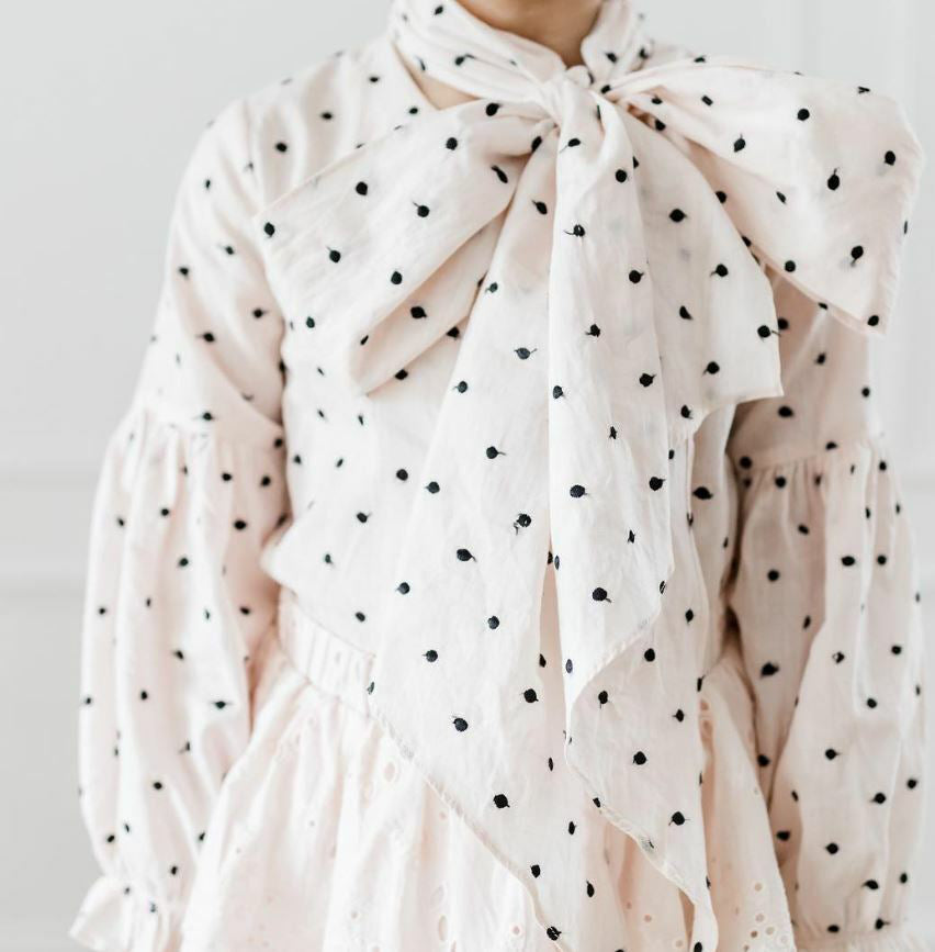 petite amalie embroidered dot pussy bow blouse