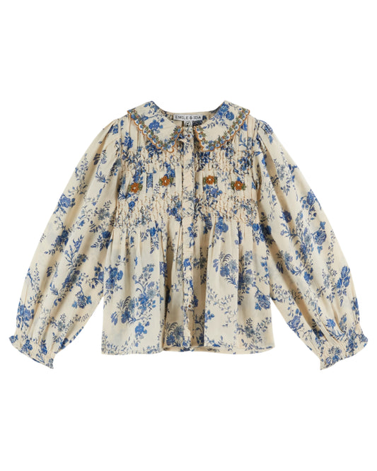 EMILE ET IDA Embroidered Collar Smocked Blouse  - Orchid Bleu