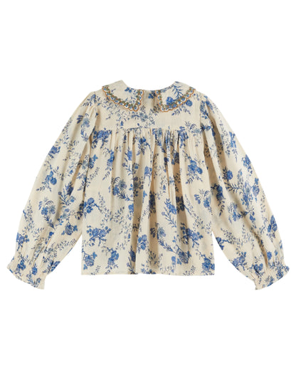 EMILE ET IDA Embroidered Collar Smocked Blouse  - Orchid Bleu