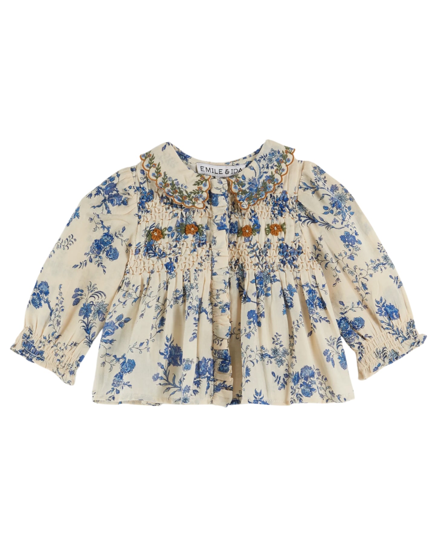 EMILE ET IDA Embroidered Collar Smocked Baby Blouse  - Orchid Bleu