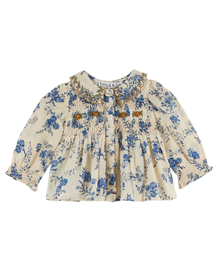 EMILE ET IDA Embroidered Collar Smocked Baby Blouse  - Orchid Bleu