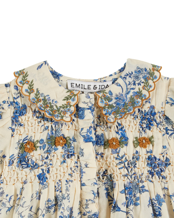 EMILE ET IDA Embroidered Collar Smocked Baby Blouse  - Orchid Bleu