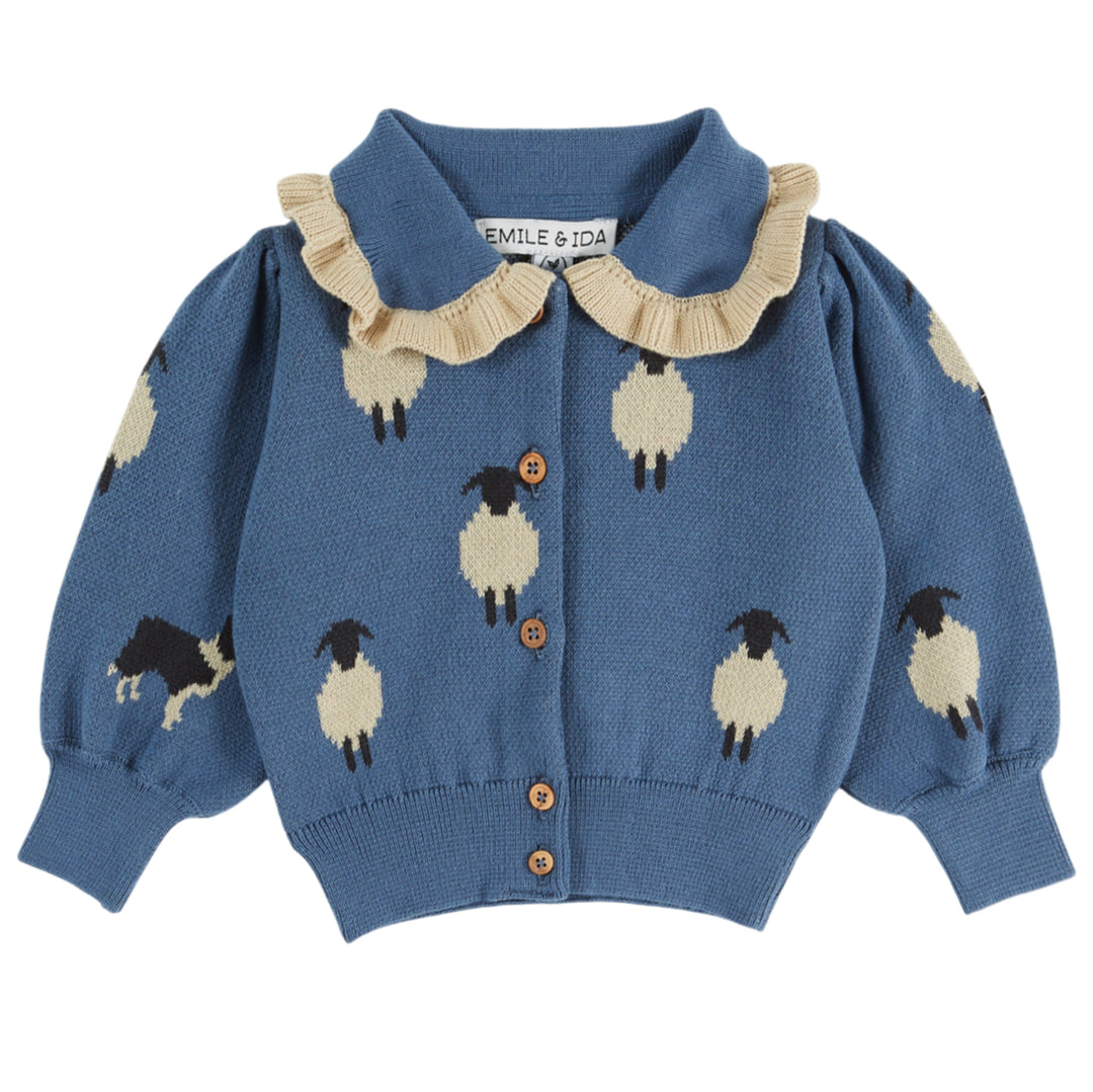Ruffled Collar Baby Cardigan in Mouton Bleu