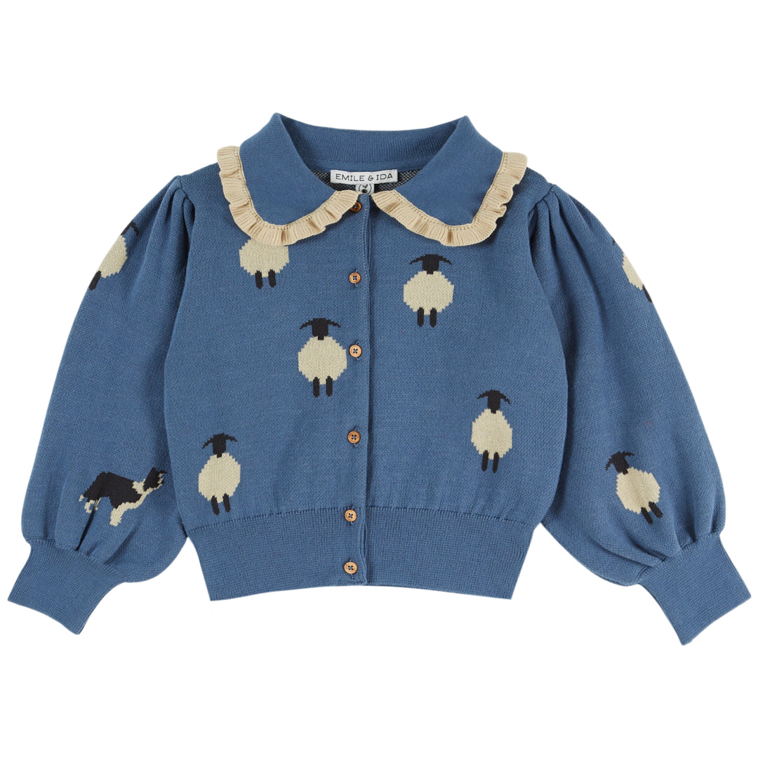 Ruffled Collar Cardigan in Mouton Bleu