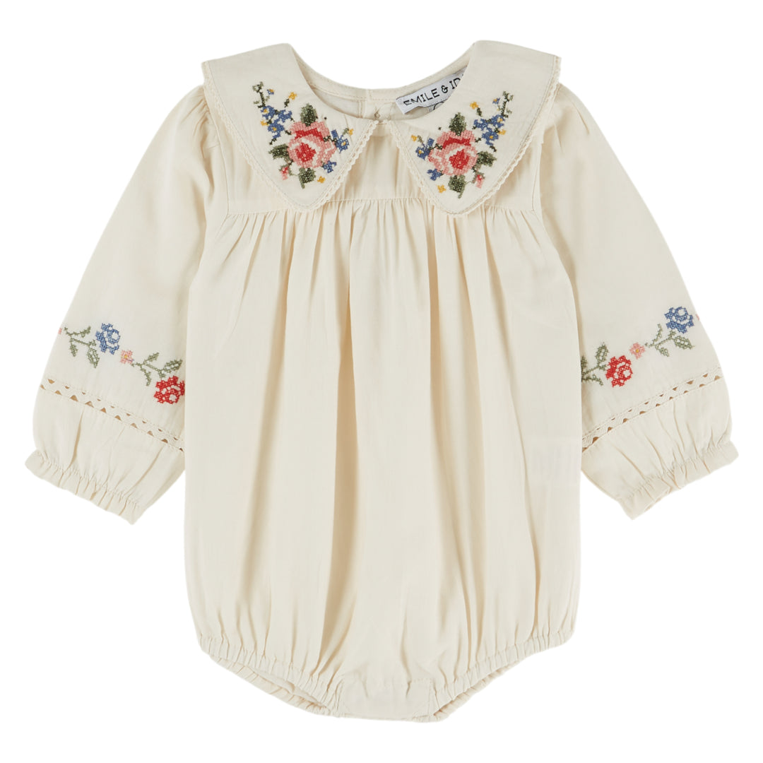 Cross-Stitch Baby Romper in Ecru