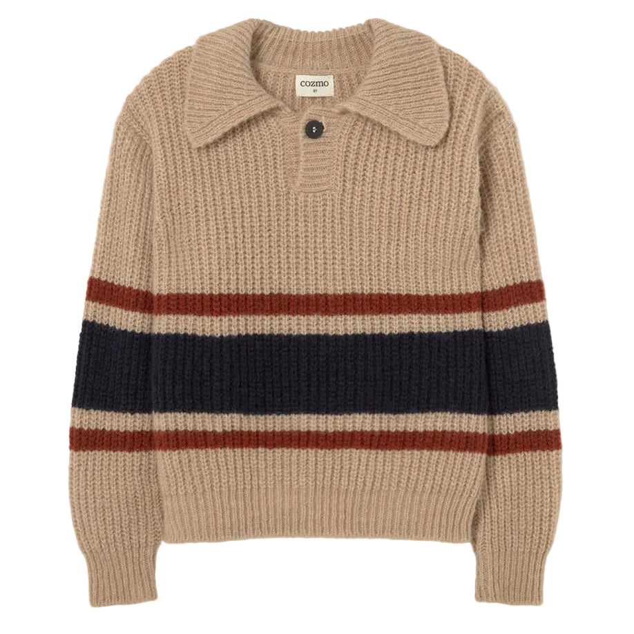 Light Tricot Knit Striped Polo Sweater in Stone