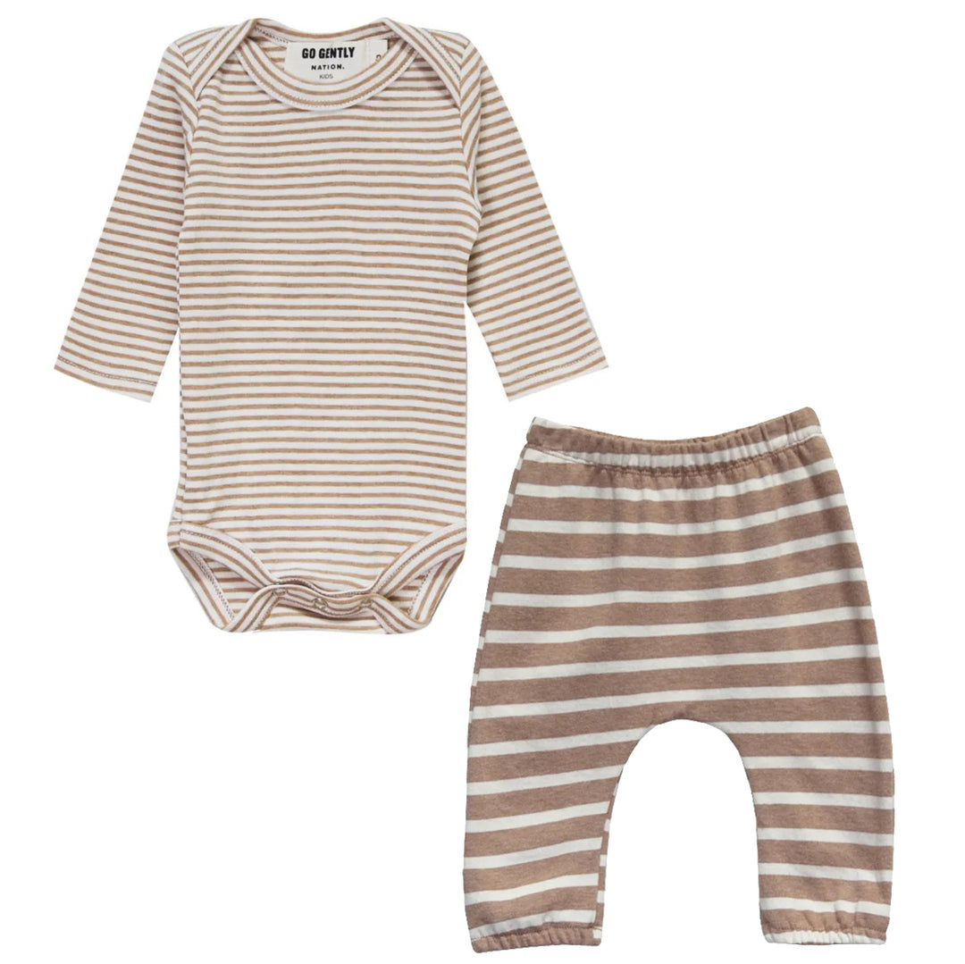 Multi Stripe Long Sleeve Onesie in Camel Stripe