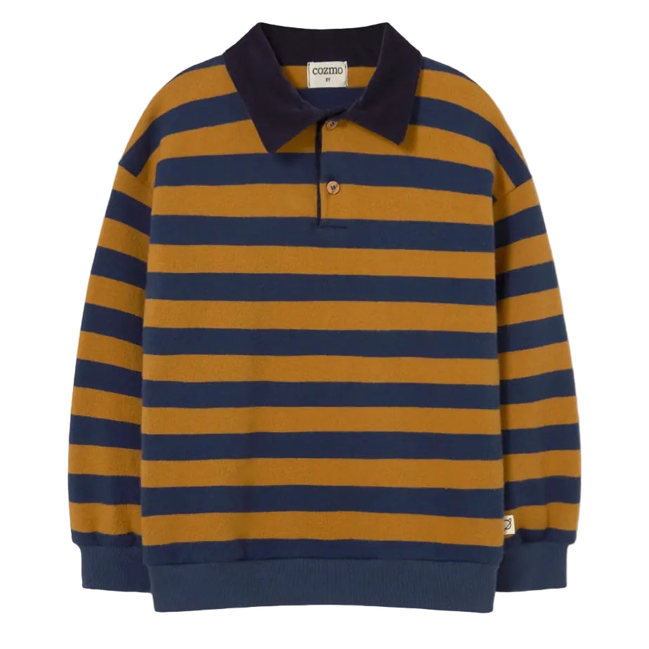 Striped Brushed Soft Knit Polo in Navy and Biscuit