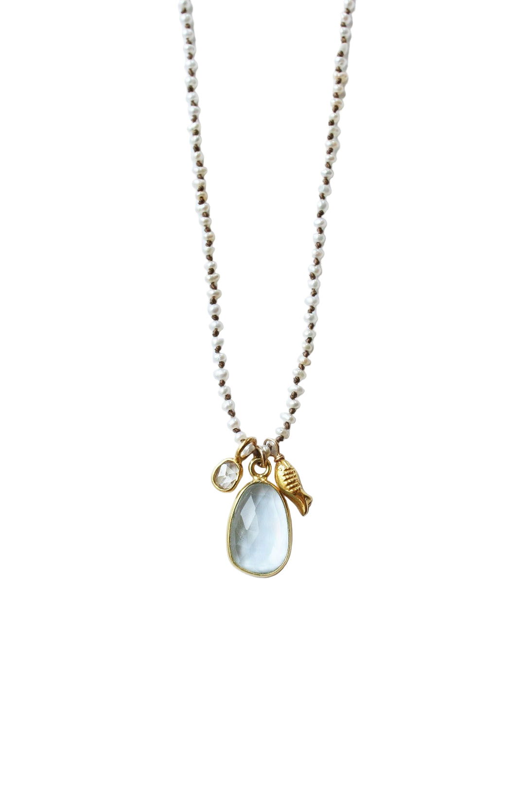 See Real Flowers Golden Koi Necklace with Aquamarine & Pearl