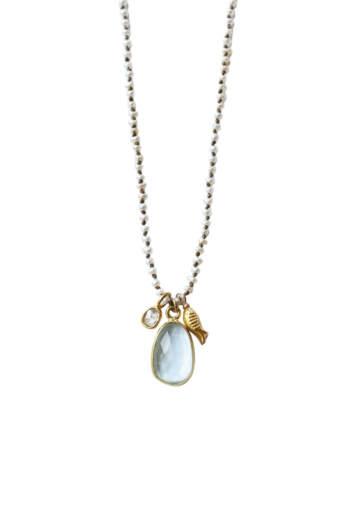 See Real Flowers Golden Koi Necklace with Aquamarine & Pearl
