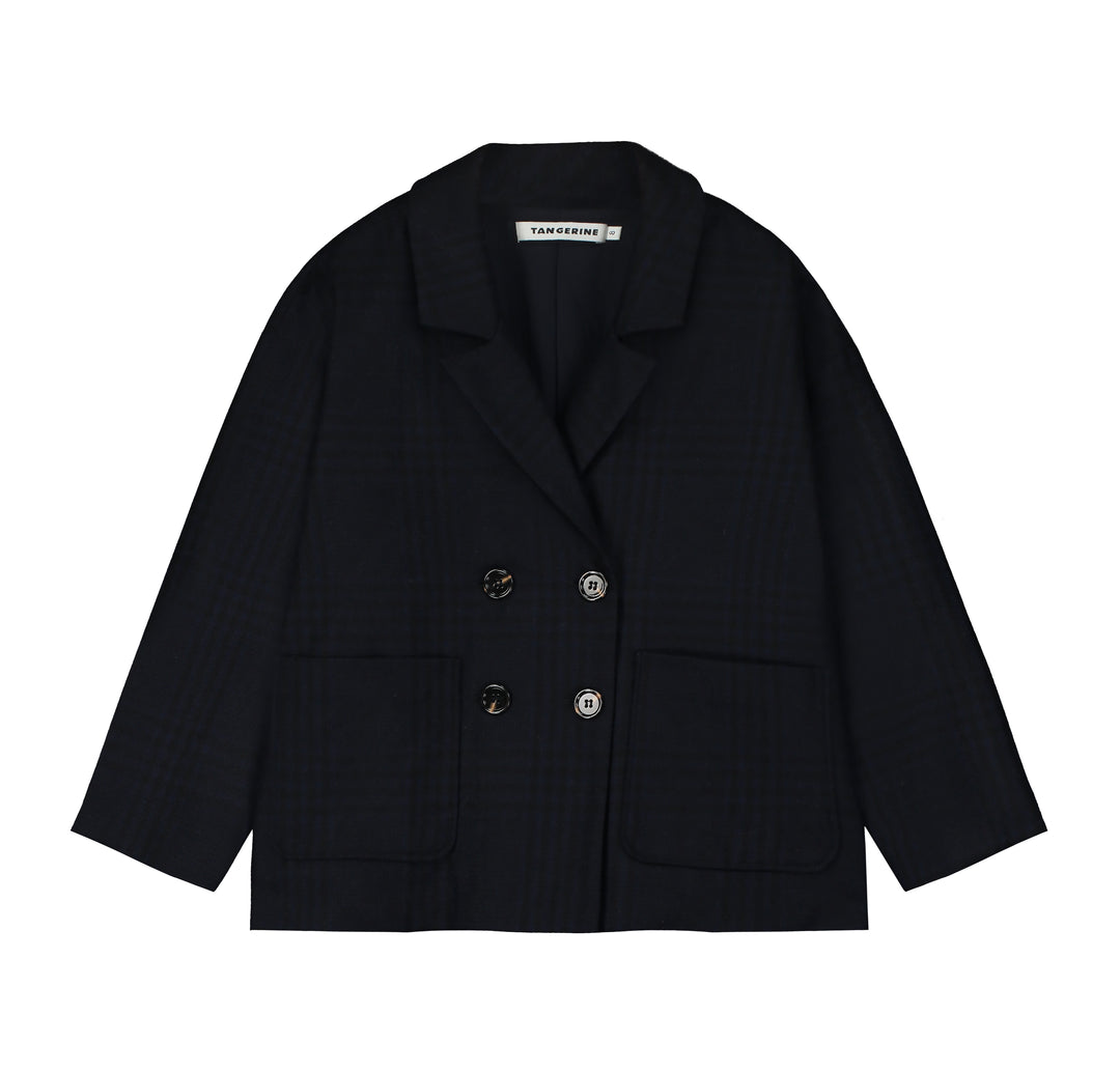 Double-Breasted Cocoon Jacket in Black/Navy Blue