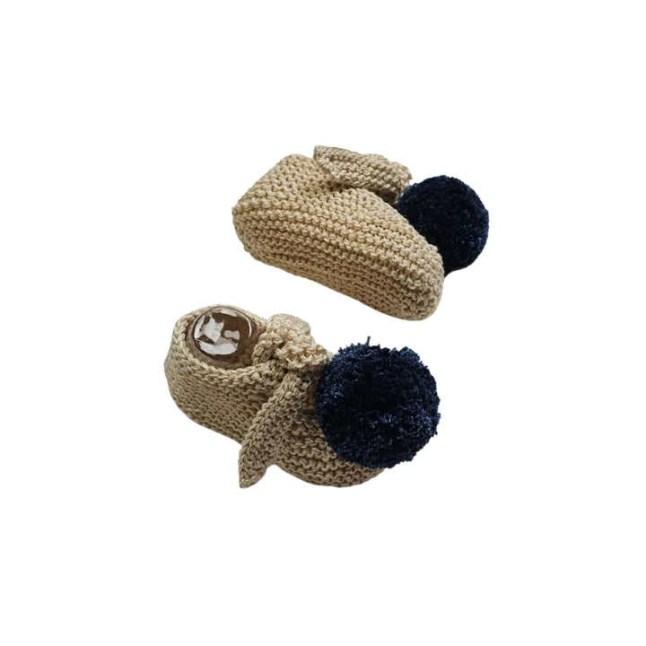 Arlo Pima Cotton Booties in Linen with Indigo Pom