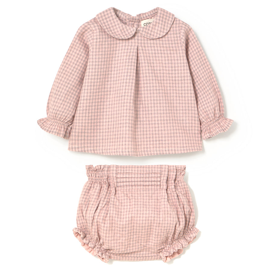 MY LITTLE COZMO Vico Mini Gingham Flannel Baby Set - Silver Pink