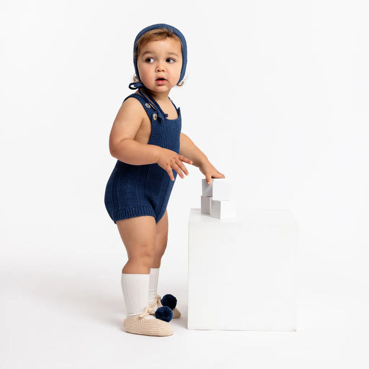 Arlo Pima Cotton Booties in Linen with Indigo Pom